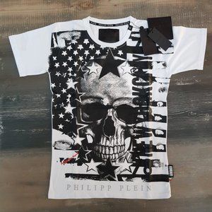 Philipp Plein Skull and American Flag Printed Tee